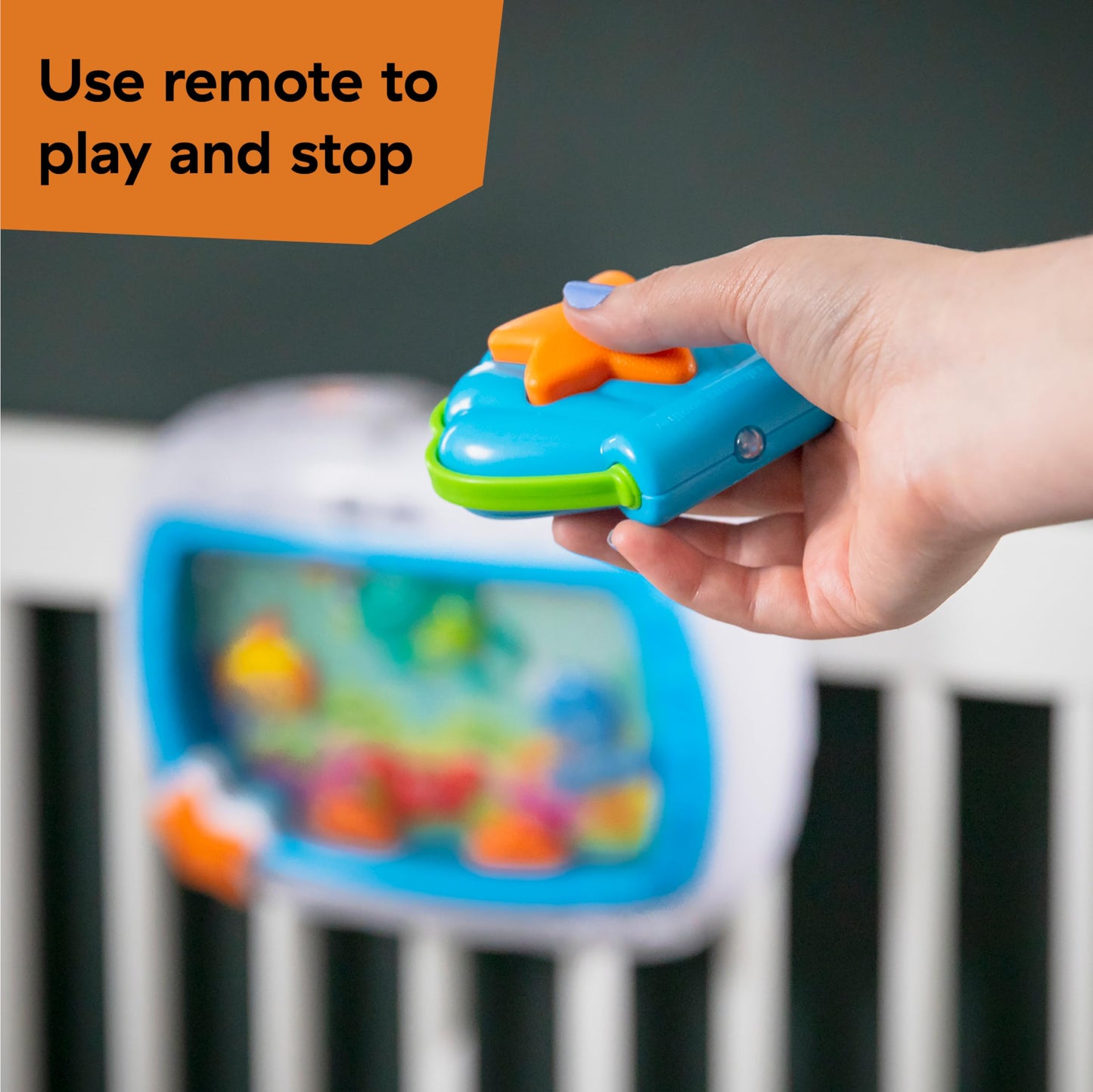 Baby Einstein Sea Dreams Soother with remote, featuring calming lights, gentle melodies, and crib toy for newborn sleep aid.