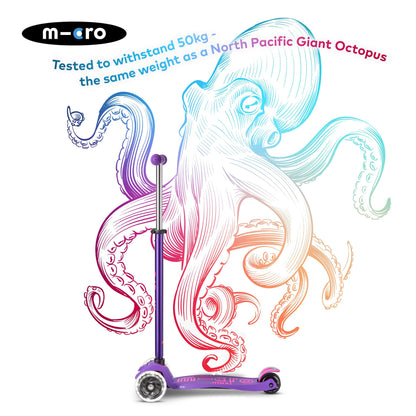 Purple Maxi Micro LED Deluxe children's scooter with big wheels and adjustable handlebar for ages 5-12 years.
