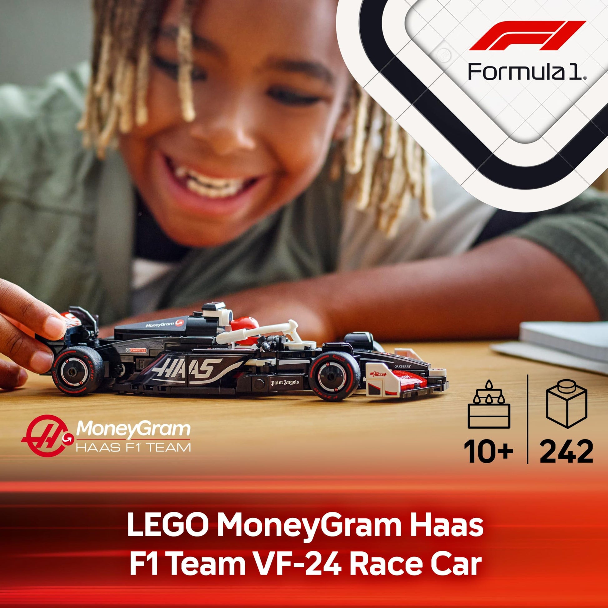 LEGO Speed Champions MoneyGram Haas F1 Team VF-24 race car model kit with collectible Formula 1 driver minifigure.