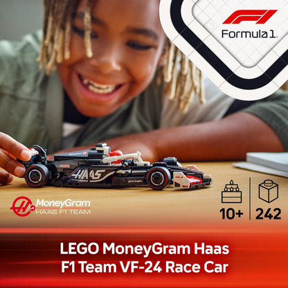 LEGO Speed Champions MoneyGram Haas F1 Team VF-24 race car model kit with collectible Formula 1 driver minifigure.