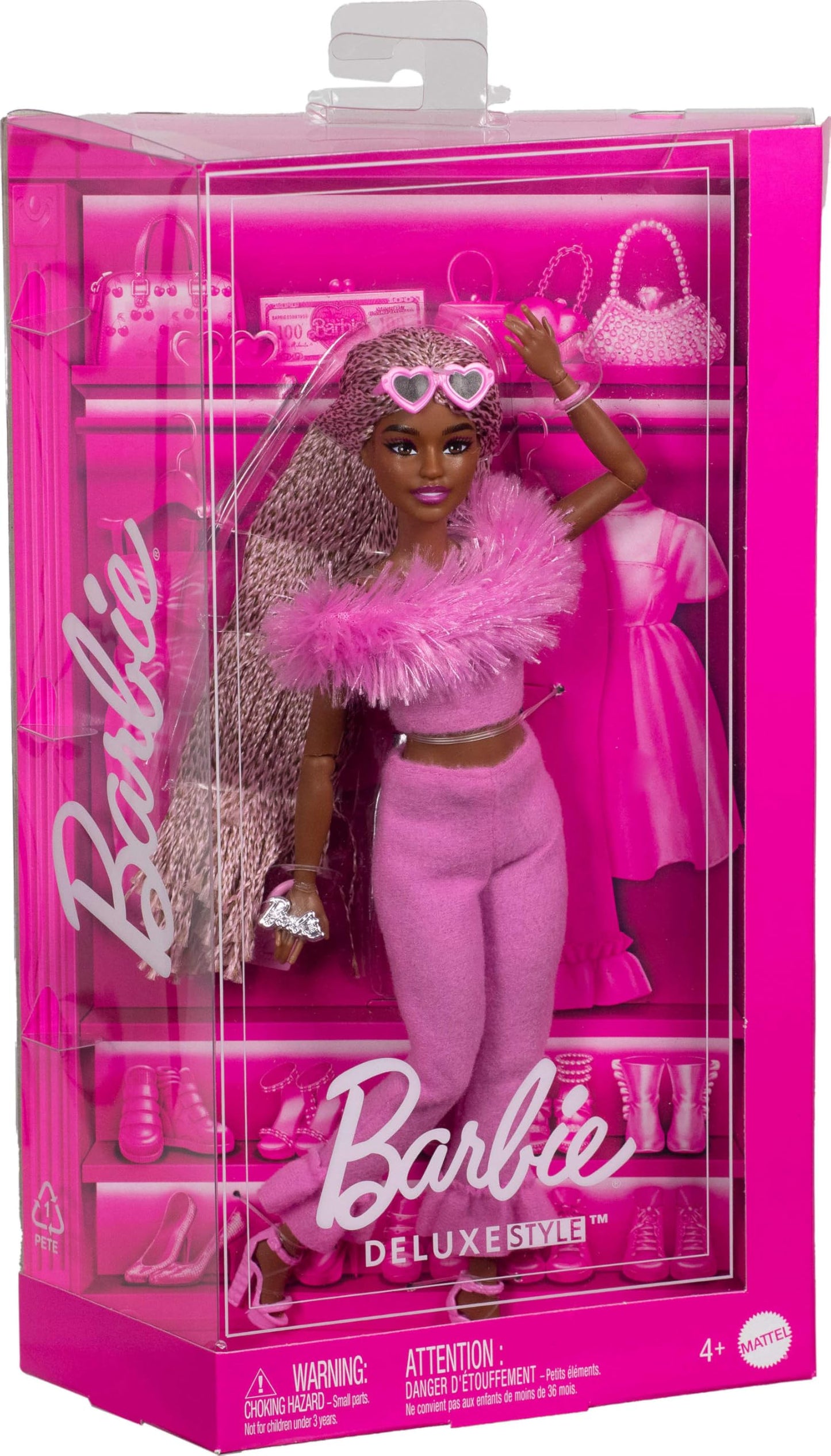 Barbie Deluxe Style Doll #4 in pink top and pant set with furry collar, featuring pink and brown braids and fun accessories.