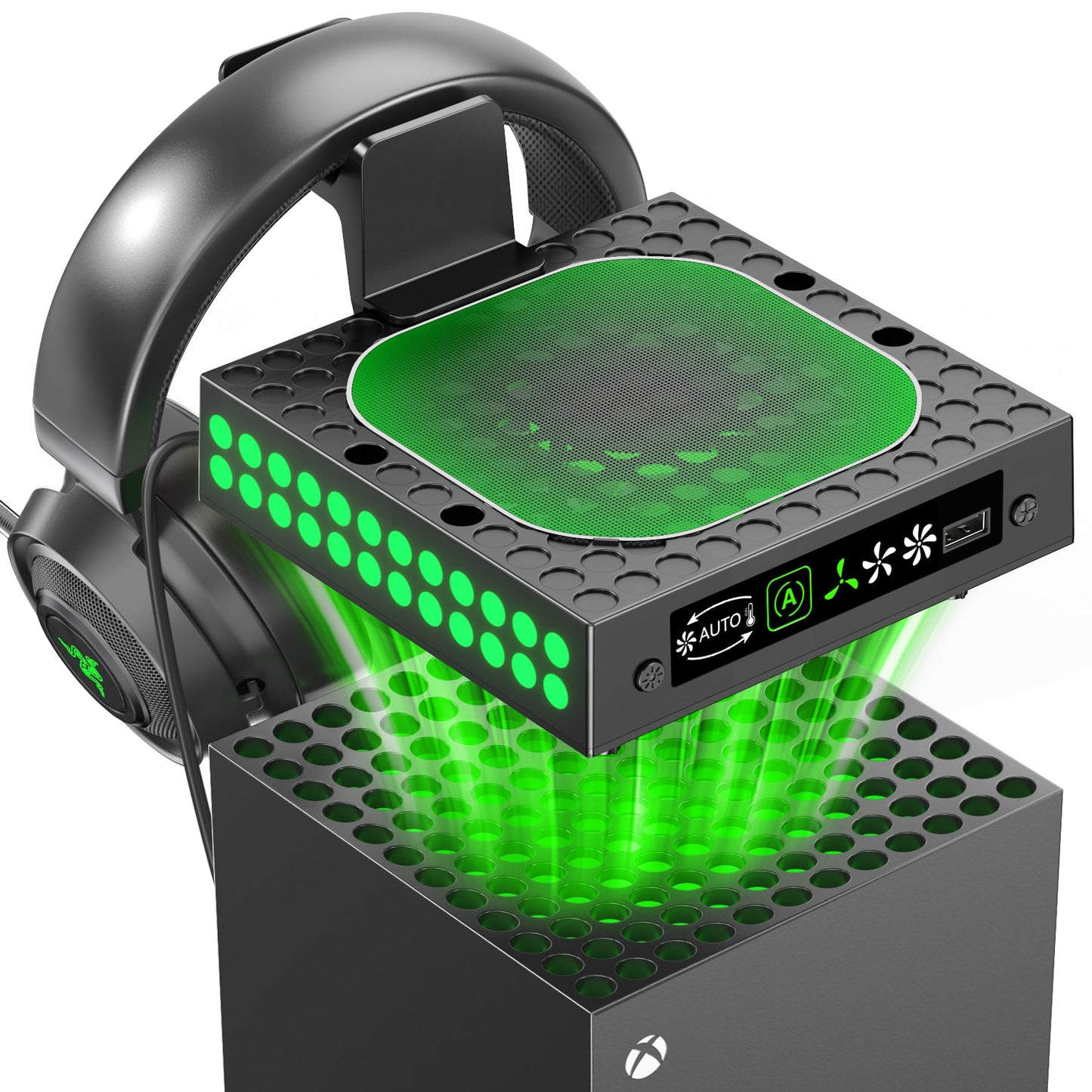 Kosker Xbox Series X cooling fan dust cover with 9 RGB lights, auto mode, adjustable fan, and headset holder for optimal cooling.