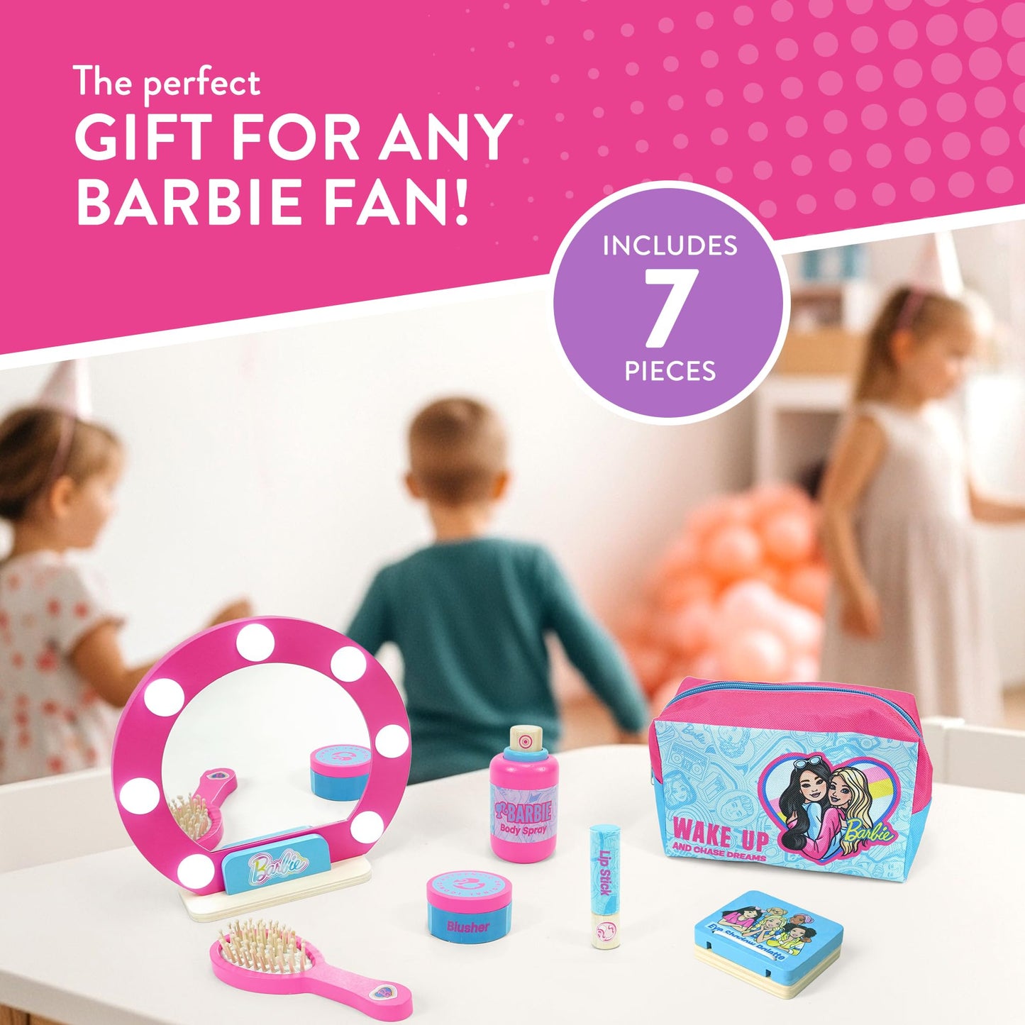 Barbie wooden toy makeup set with mirror, brush, lipstick, eyeshadow, blusher, body spray, and accessories in pink vanity case.