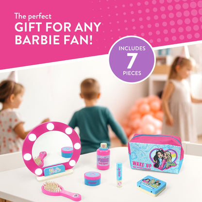 Barbie wooden toy makeup set with mirror, brush, lipstick, eyeshadow, blusher, body spray, and accessories in pink vanity case.