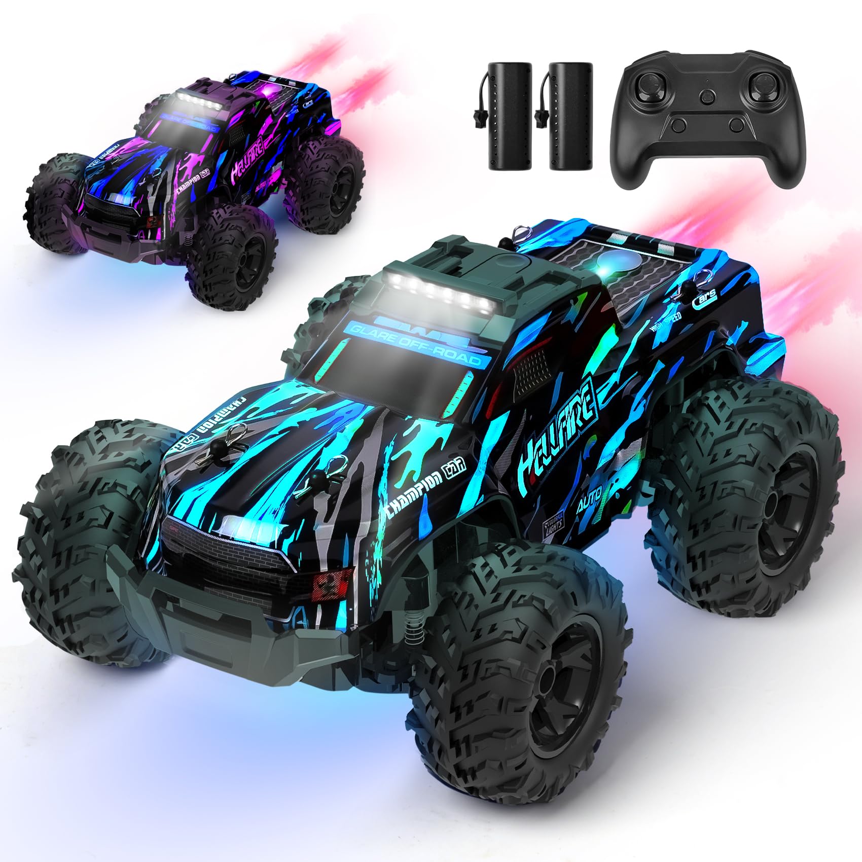 BAZADER RC truck with LED lights, 1:18 scale off-road remote control car, high-speed, spray feature, suitable for kids and adults