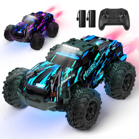 BAZADER RC truck with LED lights, 1:18 scale off-road remote control car, high-speed, spray feature, suitable for kids and adults