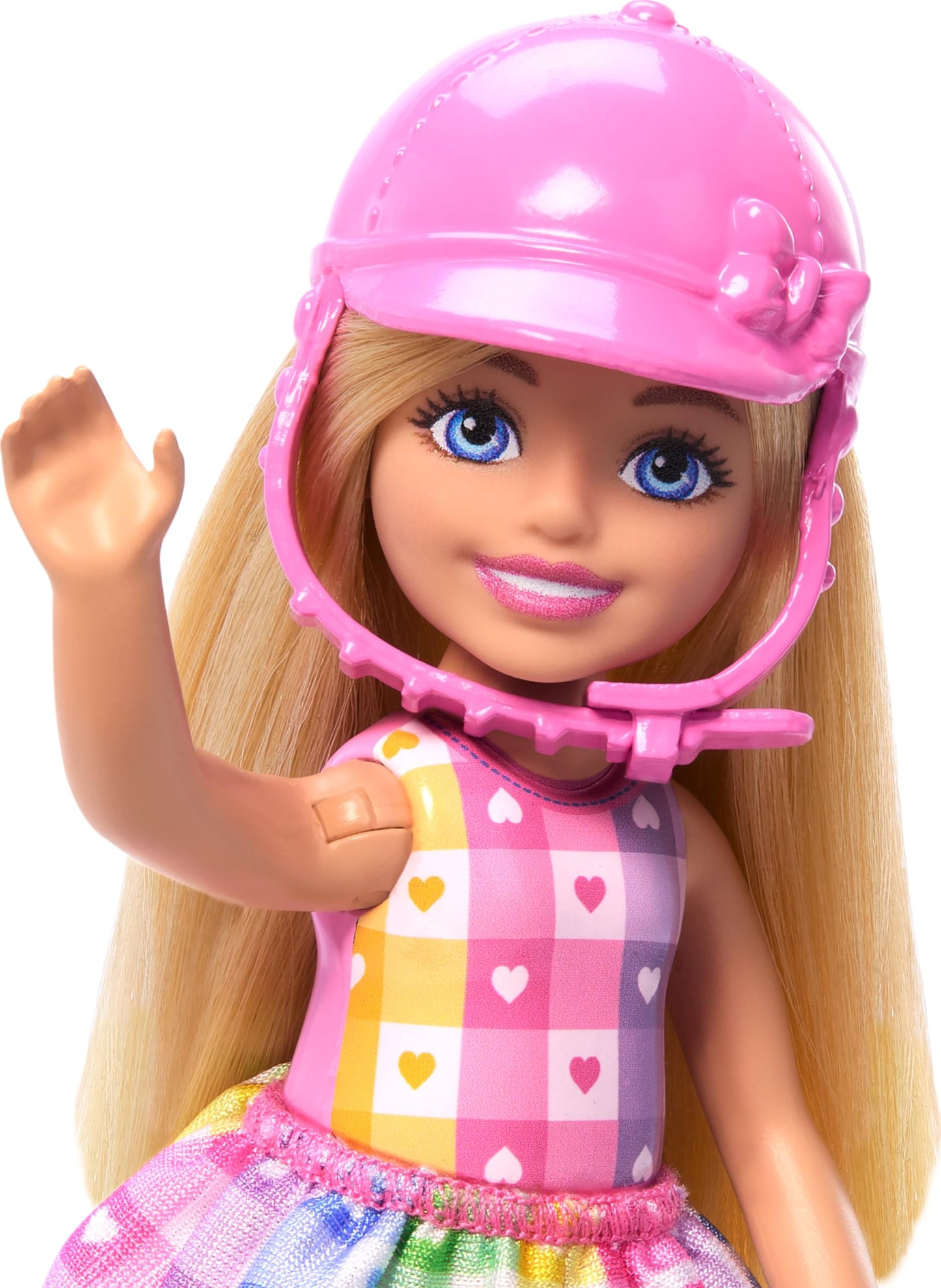 Barbie Chelsea doll with toy gray pony, includes helmet and saddle, girl doll bends knees to “ride” the horse.