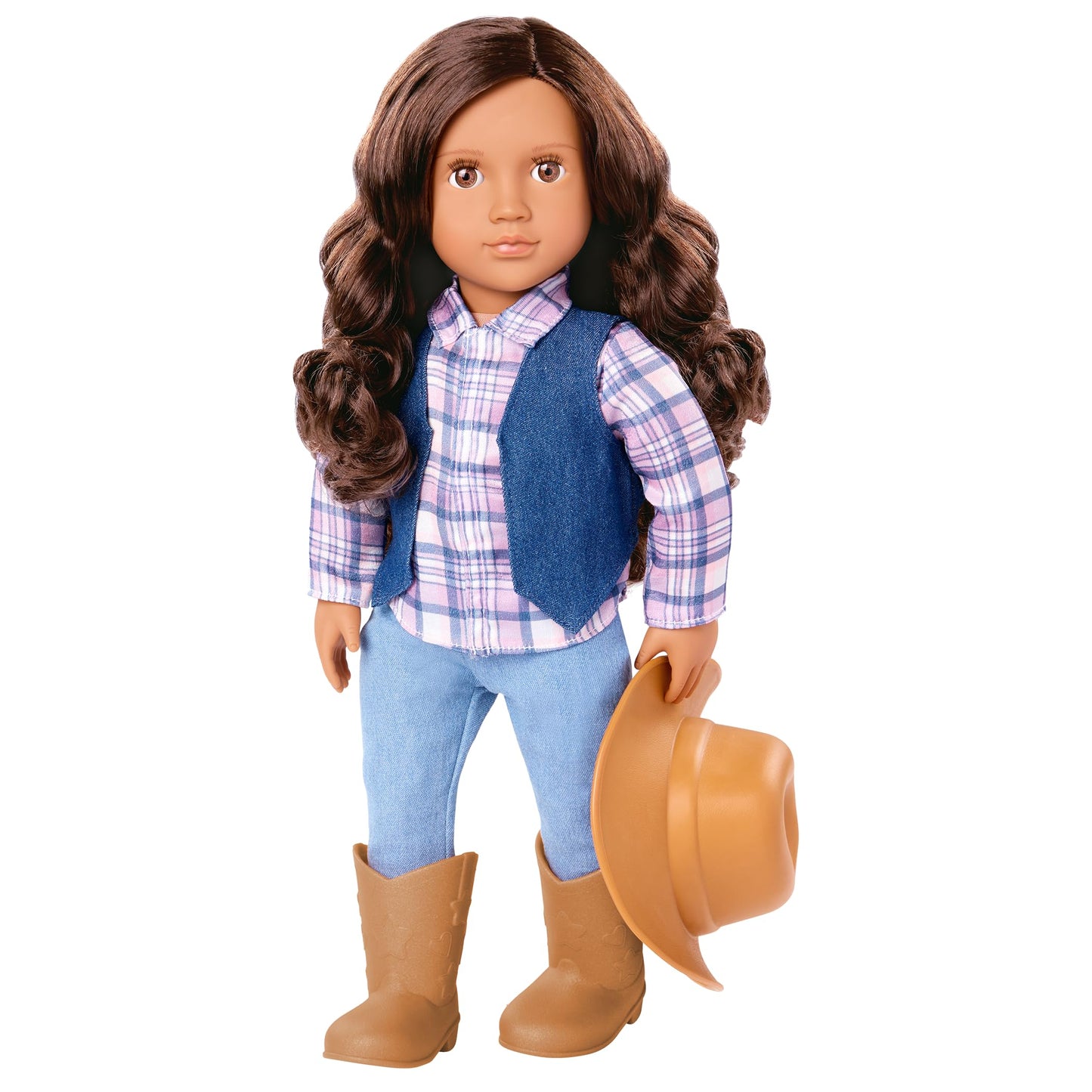 Our Generation Carolyn Cowgirl Doll with cowboy hat, tall riding boots, and lifelike brown eyes in western-themed attire.