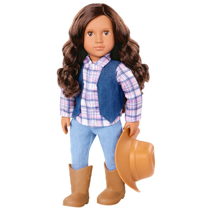 Our Generation Carolyn Cowgirl Doll with cowboy hat, tall riding boots, and lifelike brown eyes in western-themed attire.