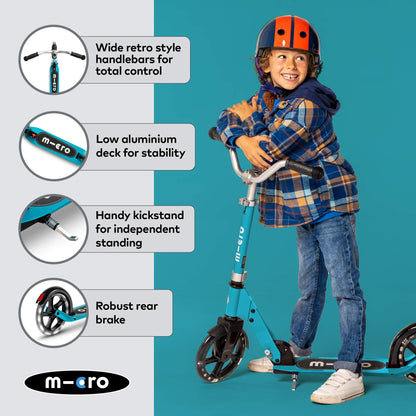 Aqua Micro Cruiser LED children's scooter with adjustable handlebar, light-up wheels, and foldable design for ages 5-12.