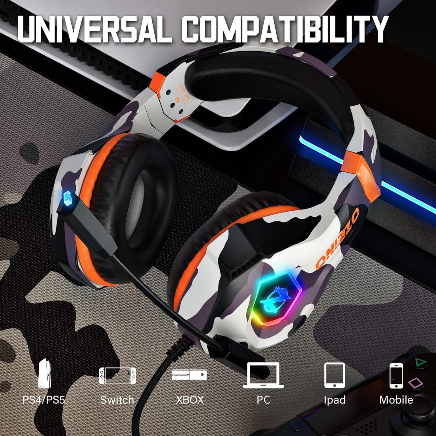 Ozeino Gaming Headset for PS4 PS5 PC, Over-Ear Headphones with Surround Sound & RGB Light for Xbox Switch Mac Laptop