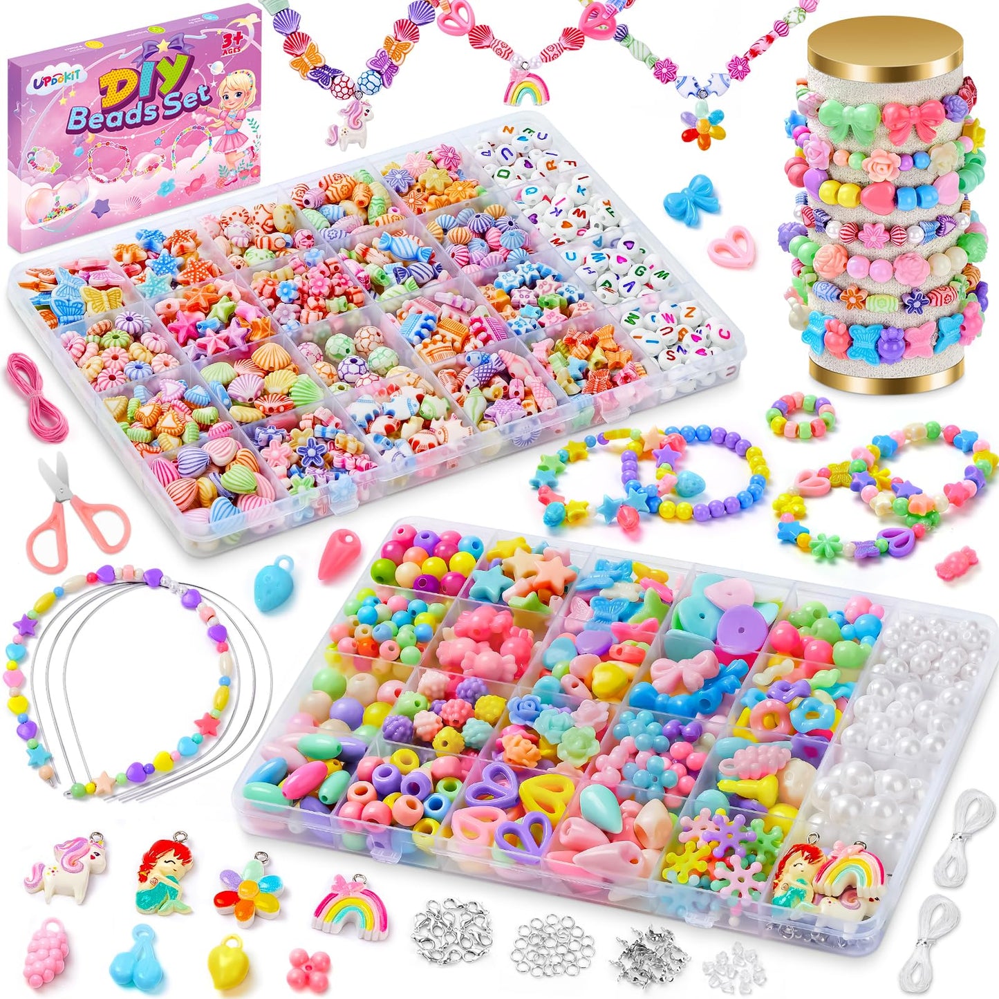 UPDOKIT Jewellery Bracelet Making Kits, 2 Boxes DIY Crafts Bracelets Necklace Making Kits for Girls, Friendship Birthday Presents Bracelet Making Kit for Kids Teen 3-14 Years Old