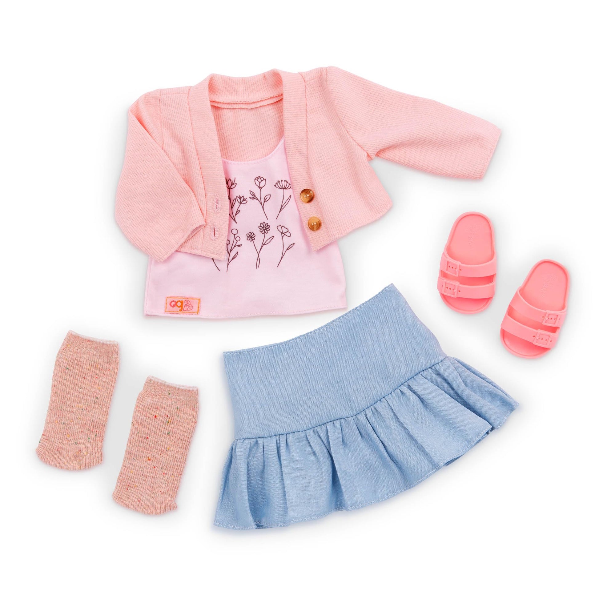 Our Generation 18-inch doll outfit featuring a pink sweater, blue skirt, and floral print top for pretend play.