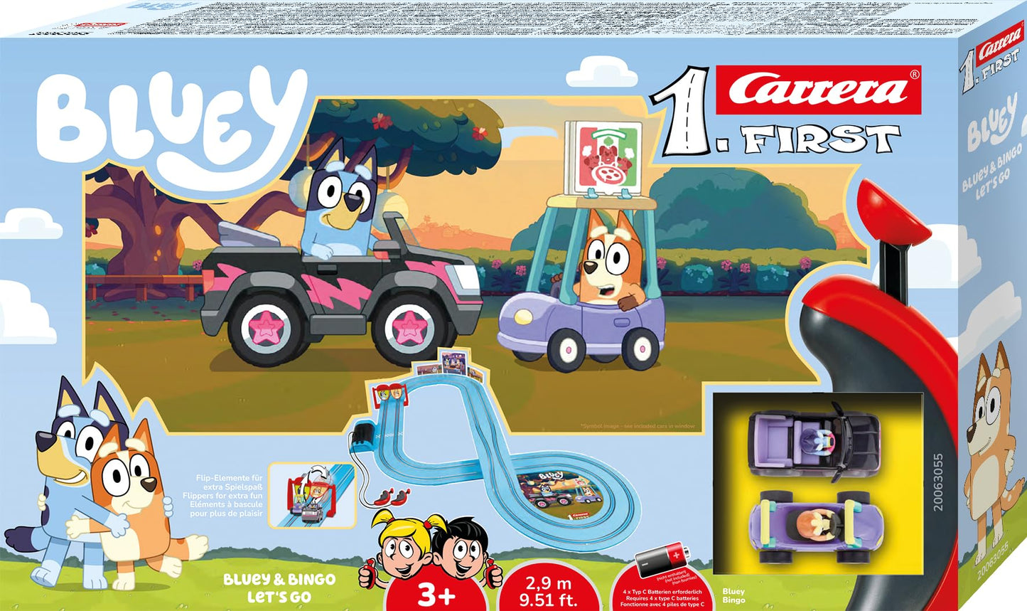 Carrera FIRST Bluey Let's Go slot racing track with Bluey and Bingo, 2.9 meters long, suitable for children and adults.