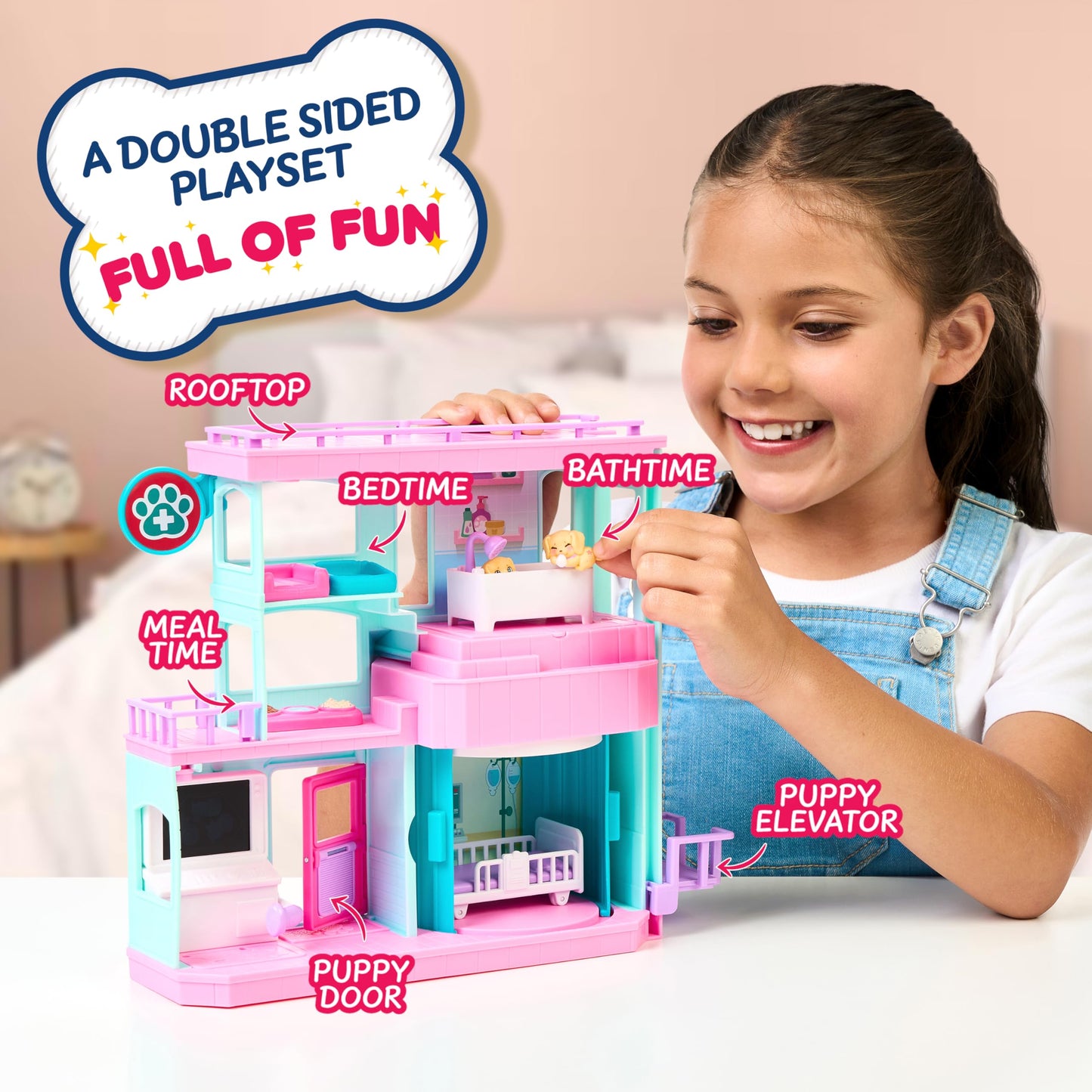 Little Live Pets Mama Surprise Families Baby Care Clinic Playset, Magically Reveal 3 Retriever Puppies, 2-Sided Playset (27.8cm/10.9in Wide, 23.8cm/9.3in High). Feed, Bathe, & Play, Fun Gift for Kids