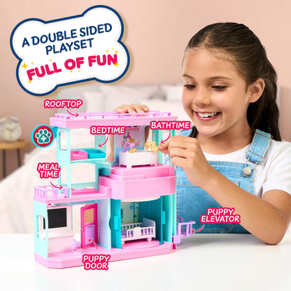 Little Live Pets Mama Surprise Families Baby Care Clinic Playset, Magically Reveal 3 Retriever Puppies, 2-Sided Playset (27.8cm/10.9in Wide, 23.8cm/9.3in High). Feed, Bathe, & Play, Fun Gift for Kids