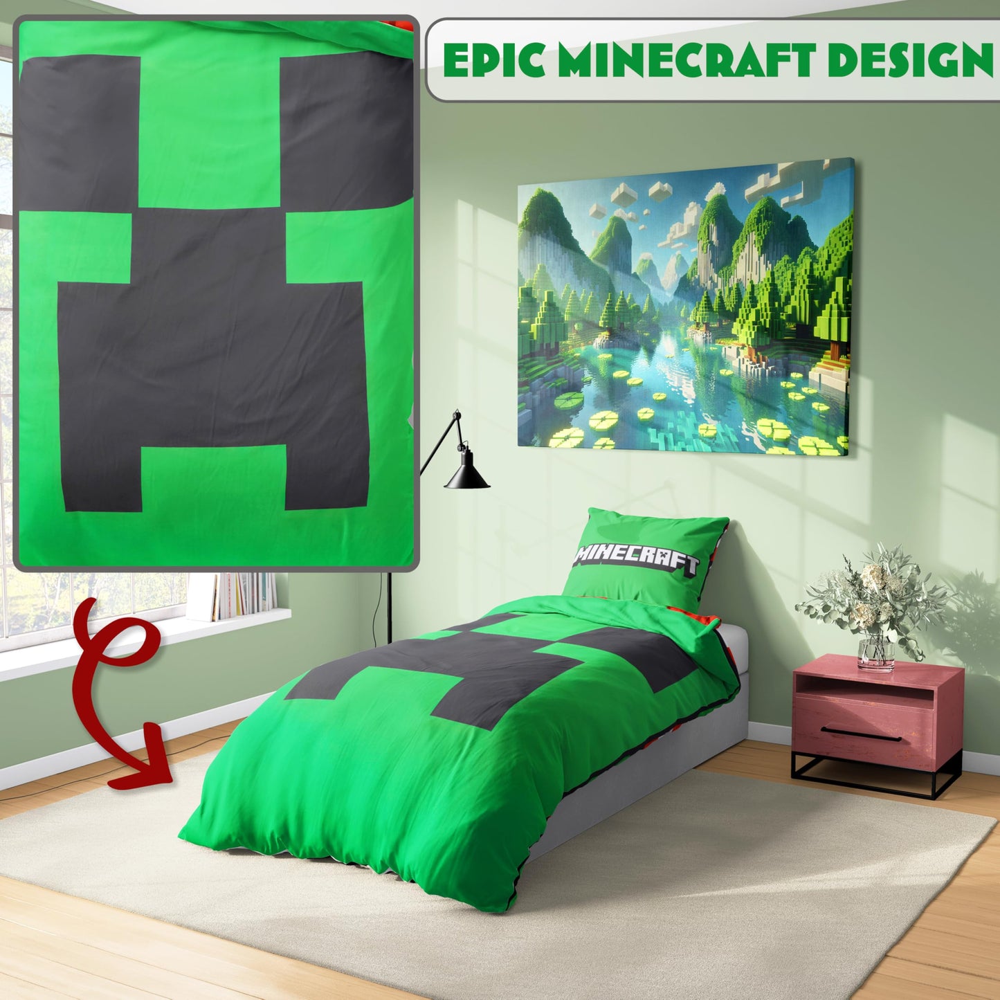 Get Trend Minecraft Single Duvet Cover Set Kids & Teens, Reversible Bedding & Pillowcase for Boys & Girls, Bedroom Accessories, Anime Gifts for Boys (Green Minecraft, Single)
