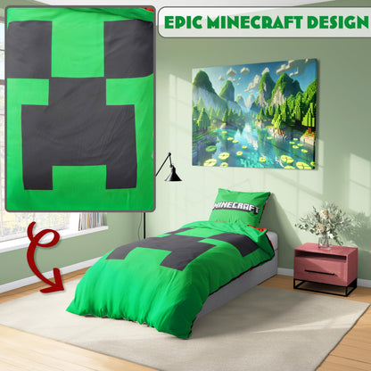 Get Trend Minecraft Single Duvet Cover Set Kids & Teens, Reversible Bedding & Pillowcase for Boys & Girls, Bedroom Accessories, Anime Gifts for Boys (Green Minecraft, Single)