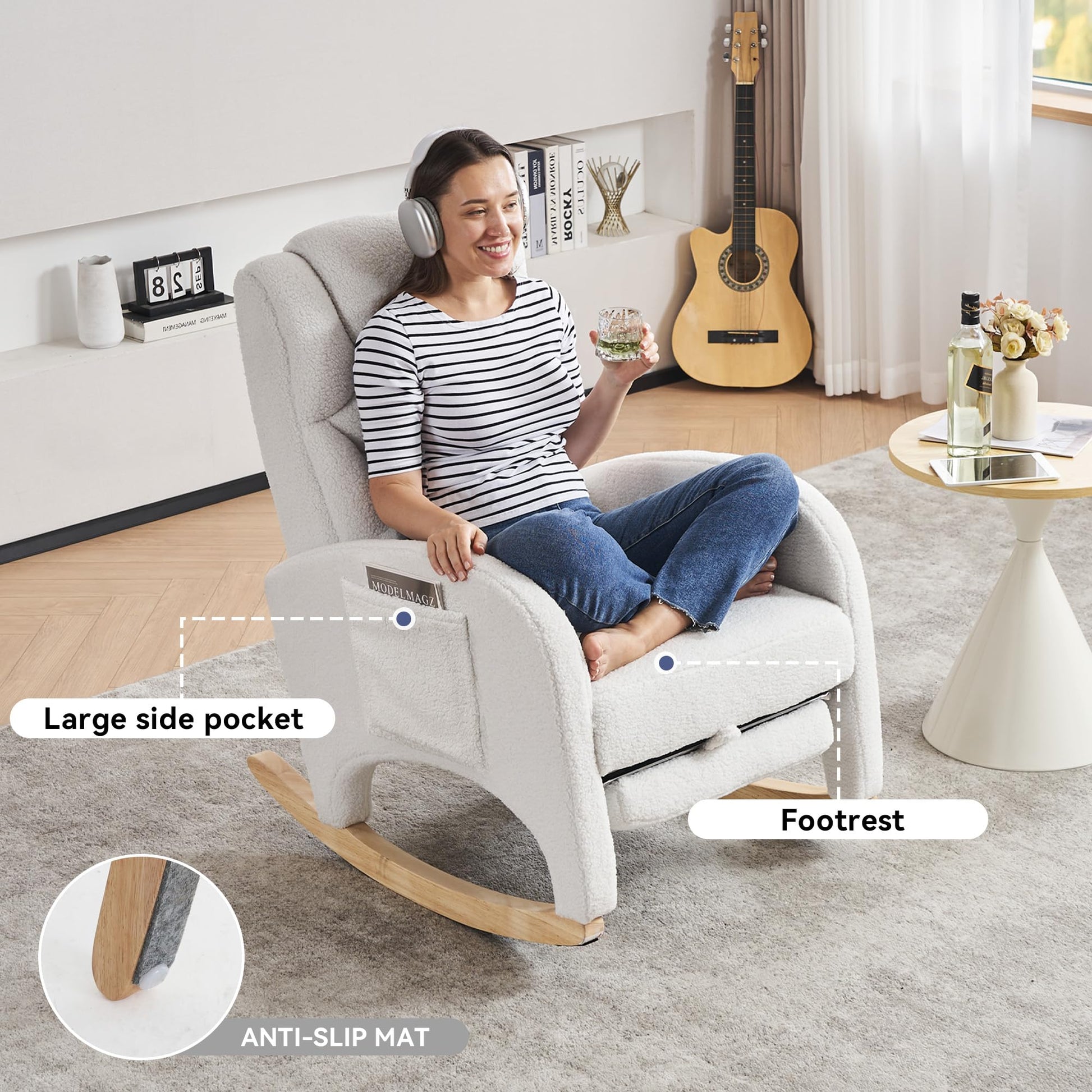 DEKKETO white teddy rocking chair with headrest, footrest, side pocket, comfortable nursing armchair for nursery or adults.