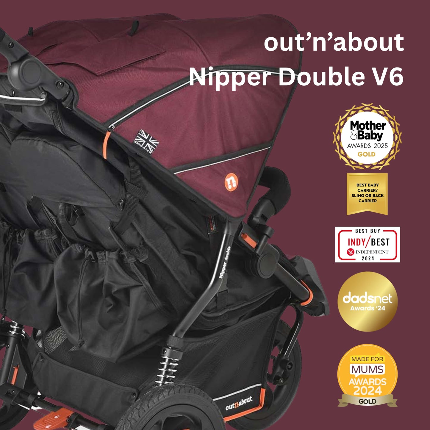 Out’n’About Nipper Double V6 Pushchair | Lightweight All-Terrain Twin Buggy with Raincover, 12” Air-Filled Wheels & Compact Fold | Side-by-Side Stroller for Newborn to Toddler - Brambleberry Red