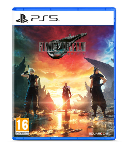 Square Enix FINAL FANTASY VII REBIRTH PlayStation 5 game cover with Amazon exclusive In-Game Shinra Bangle shown in the image.