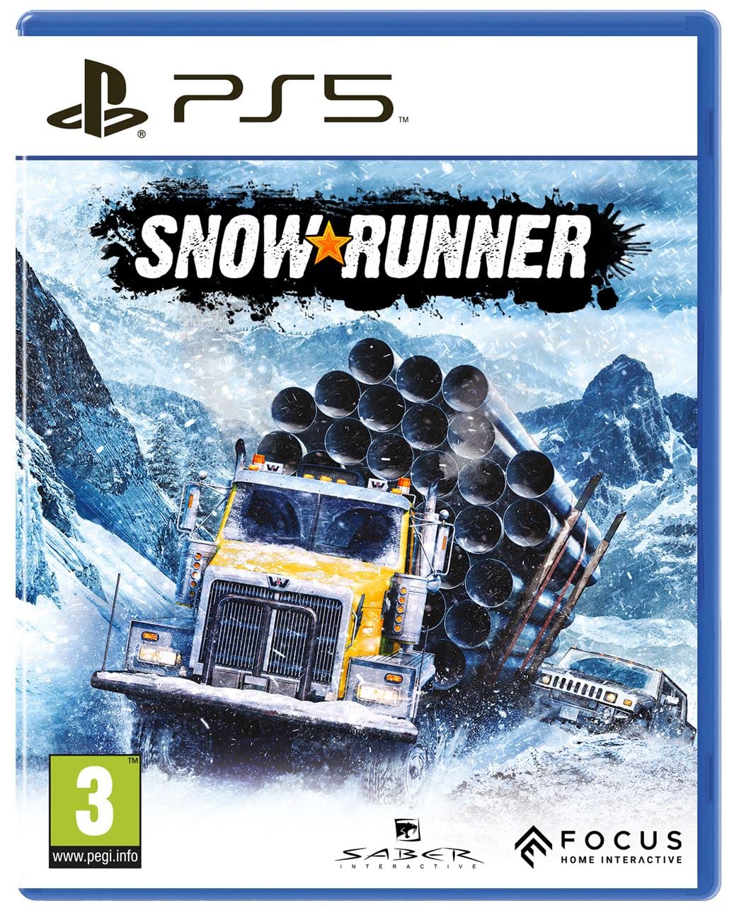Snow Runner PS5 game by Focus Home Interactive showing snowy terrain and rugged vehicles in a wintry landscape.