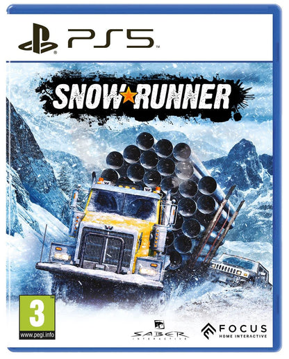 Snow Runner PS5 game by Focus Home Interactive showing snowy terrain and rugged vehicles in a wintry landscape.
