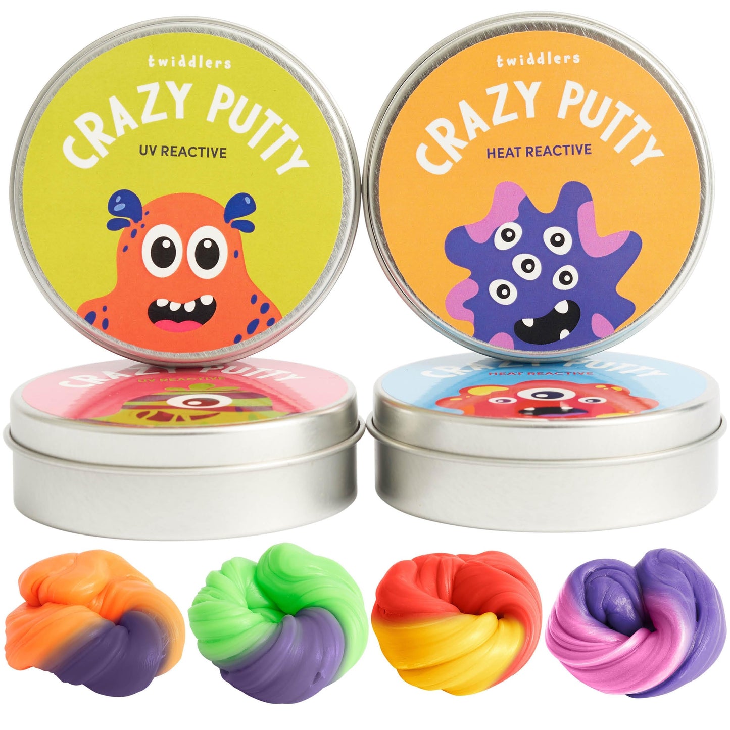 Color-changing putty from THE TWIDDLERS in lid pots with mini UV torch, designed for kids' sensory and art activities.