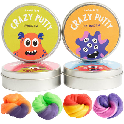 Color-changing putty from THE TWIDDLERS in lid pots with mini UV torch, designed for kids' sensory and art activities.