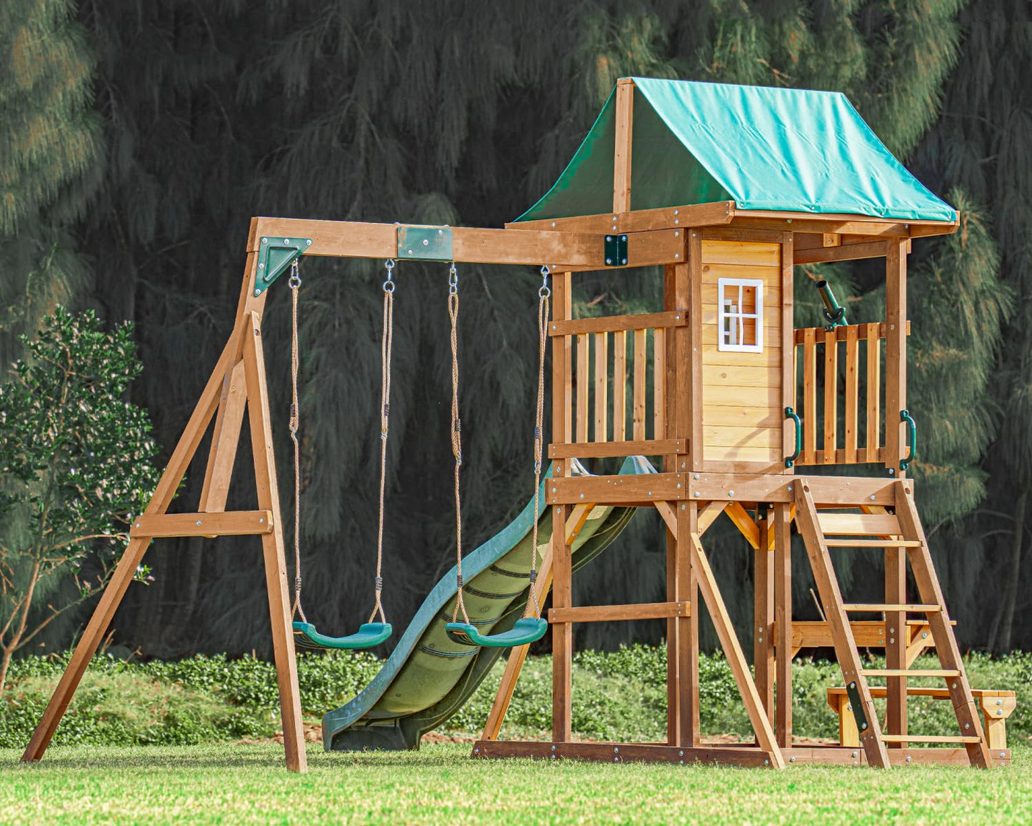 DOLPHIN PLAYGROUND T Wooden Swing and Slide Set, Wooden Outdoor Play Equipment with Picnic Table, PlayHouse, 2 Swings, Climbing Wall, Kids Outdoor Play Equipment for Ages 3+