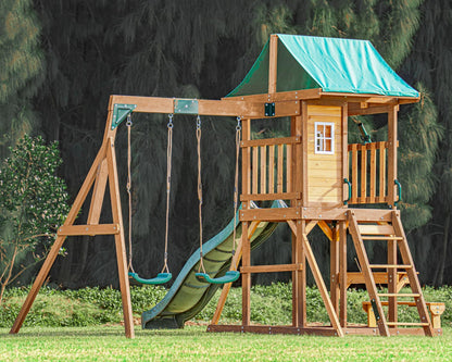 DOLPHIN PLAYGROUND T Wooden Swing and Slide Set, Wooden Outdoor Play Equipment with Picnic Table, PlayHouse, 2 Swings, Climbing Wall, Kids Outdoor Play Equipment for Ages 3+