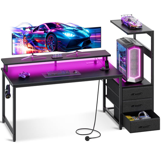 Coleshome gaming desk in black with LED lights, power outlet, drawers, monitor stand, and carbon fiber surface for gaming setup
