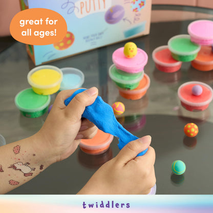 Colorful bouncing slime putty tubs from THE TWIDDLERS, fun fidget toys and party bag fillers for kids, with vibrant, bouncy slime.