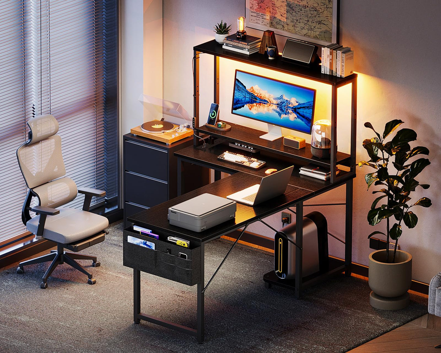 Coleshome L-shaped gaming desk with LED lights, power outlet, shelves, storage bag, and hook in black, designed for home office use.