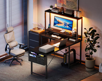 Coleshome L-shaped gaming desk with LED lights, power outlet, shelves, storage bag, and hook in black, designed for home office use.