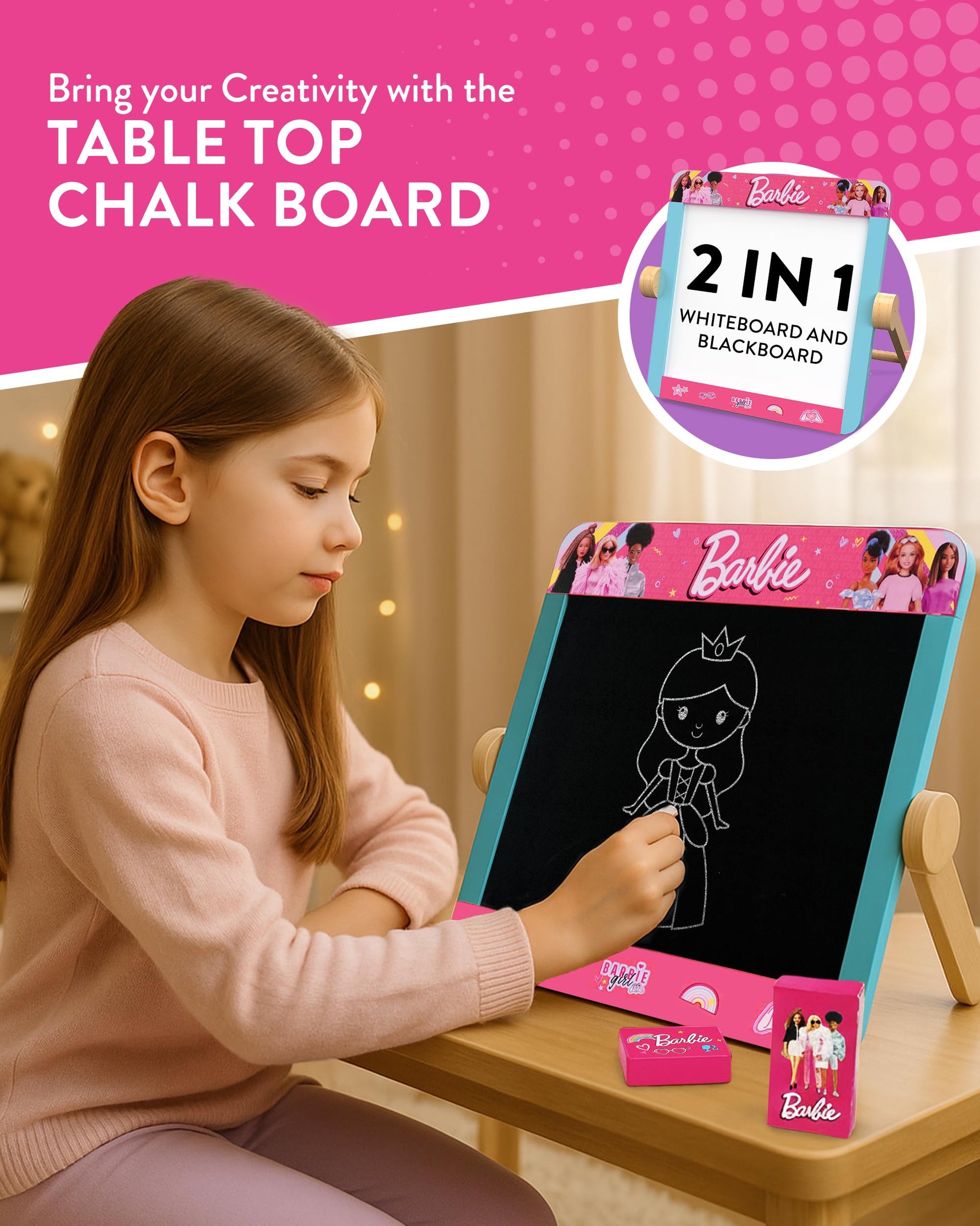 Barbie 2-in-1 wooden kids' art board with double-sided blackboard and whiteboard, includes pen, eraser, and chalk.