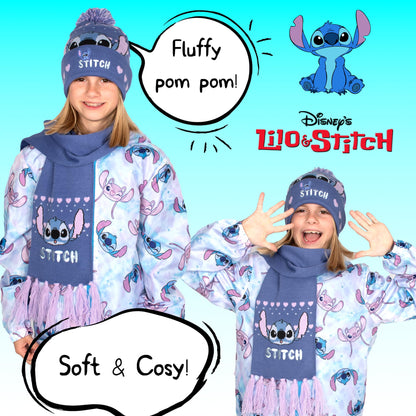 Disney Lilo & Stitch winter hat and scarf set for girls, purple knit beanie and cozy scarf for kids ages 6-12 winter accessories