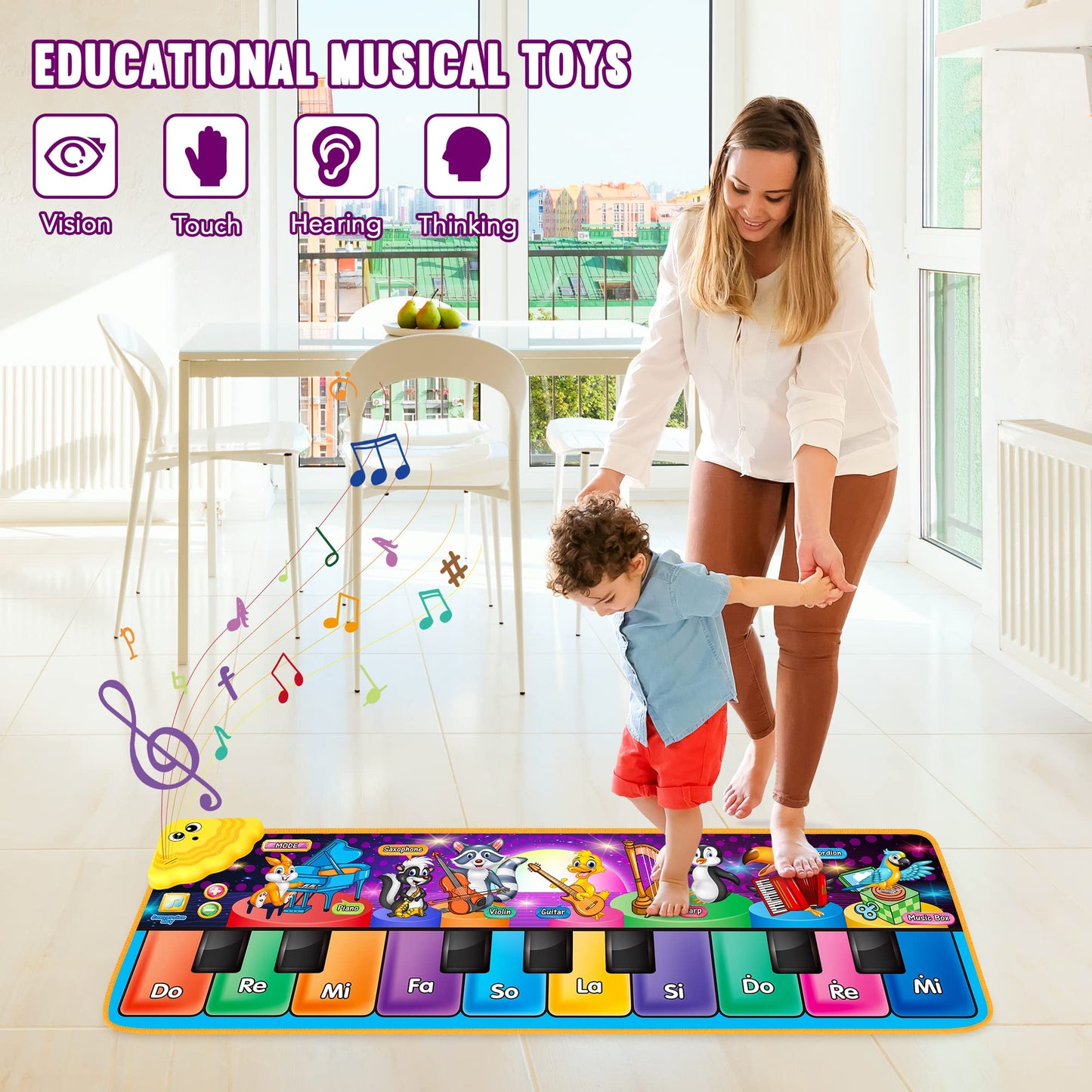 Kids Tesok musical piano mat with 10 keys, 25 music sounds, and colorful animal graphics for interactive play.