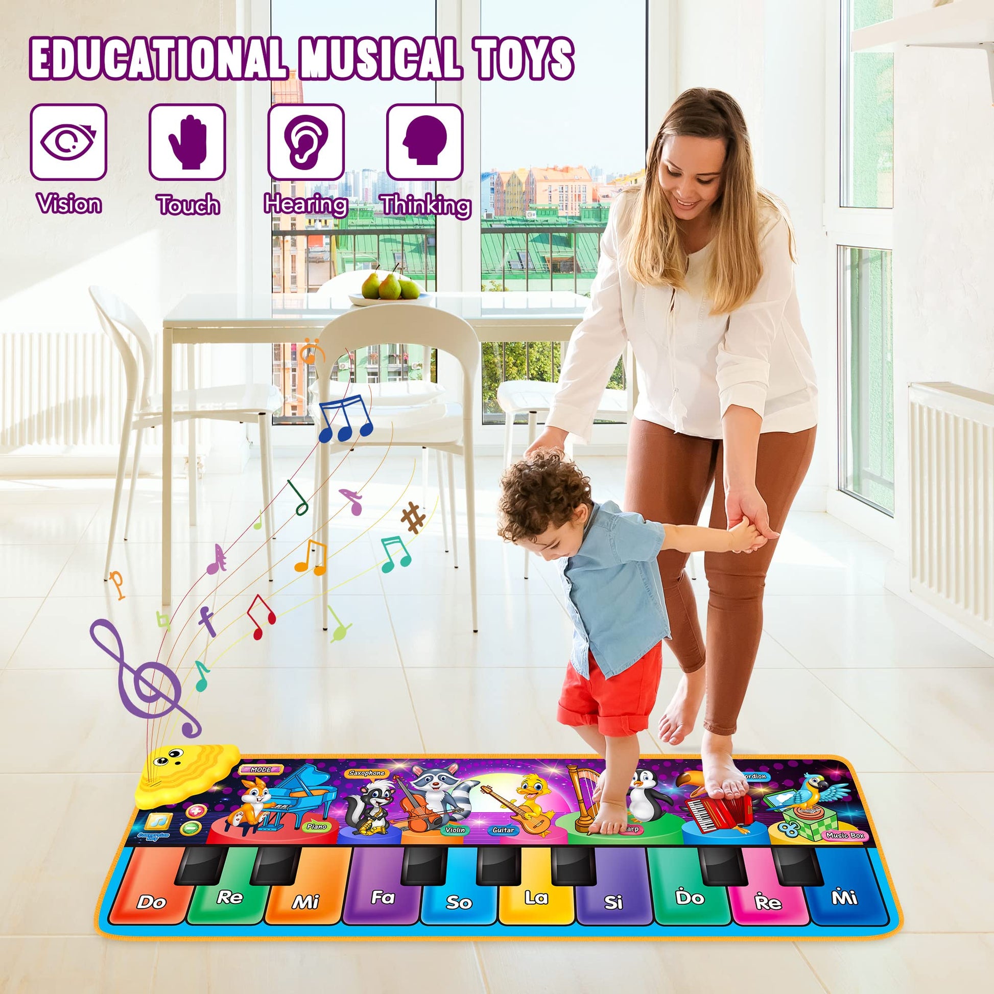 Kids Tesok musical piano mat with 10 keys, 25 music sounds, and colorful animal graphics for interactive play.