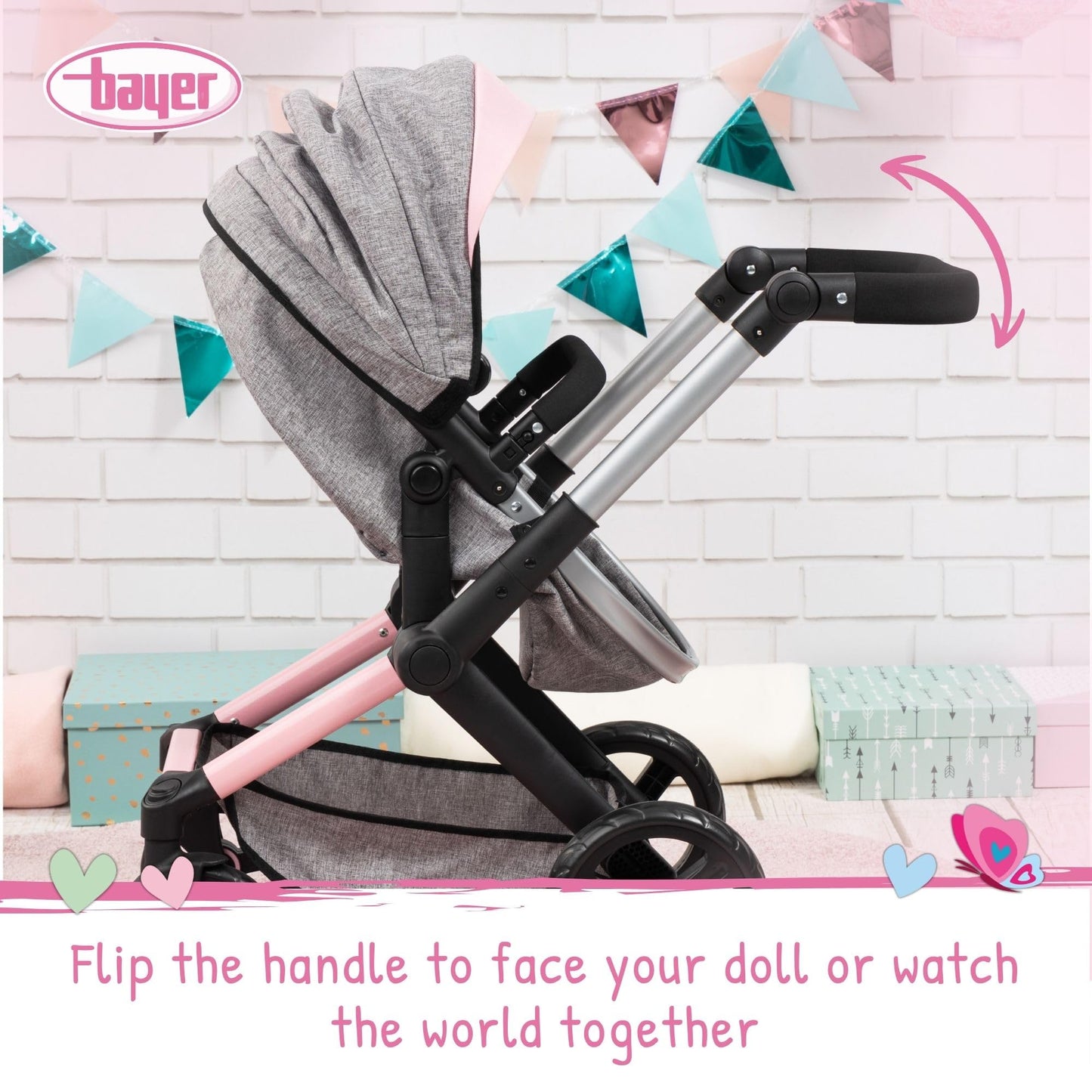 Bayer Design 17033AA Doll's pram Xeo, Stroller, Height-Adjustable, Reversible Handle, Convertible, Bag, Jeans-Grey, Pink