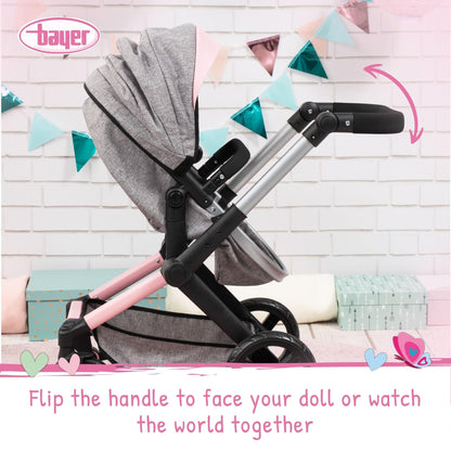 Bayer Design 17033AA Doll's pram Xeo, Stroller, Height-Adjustable, Reversible Handle, Convertible, Bag, Jeans-Grey, Pink