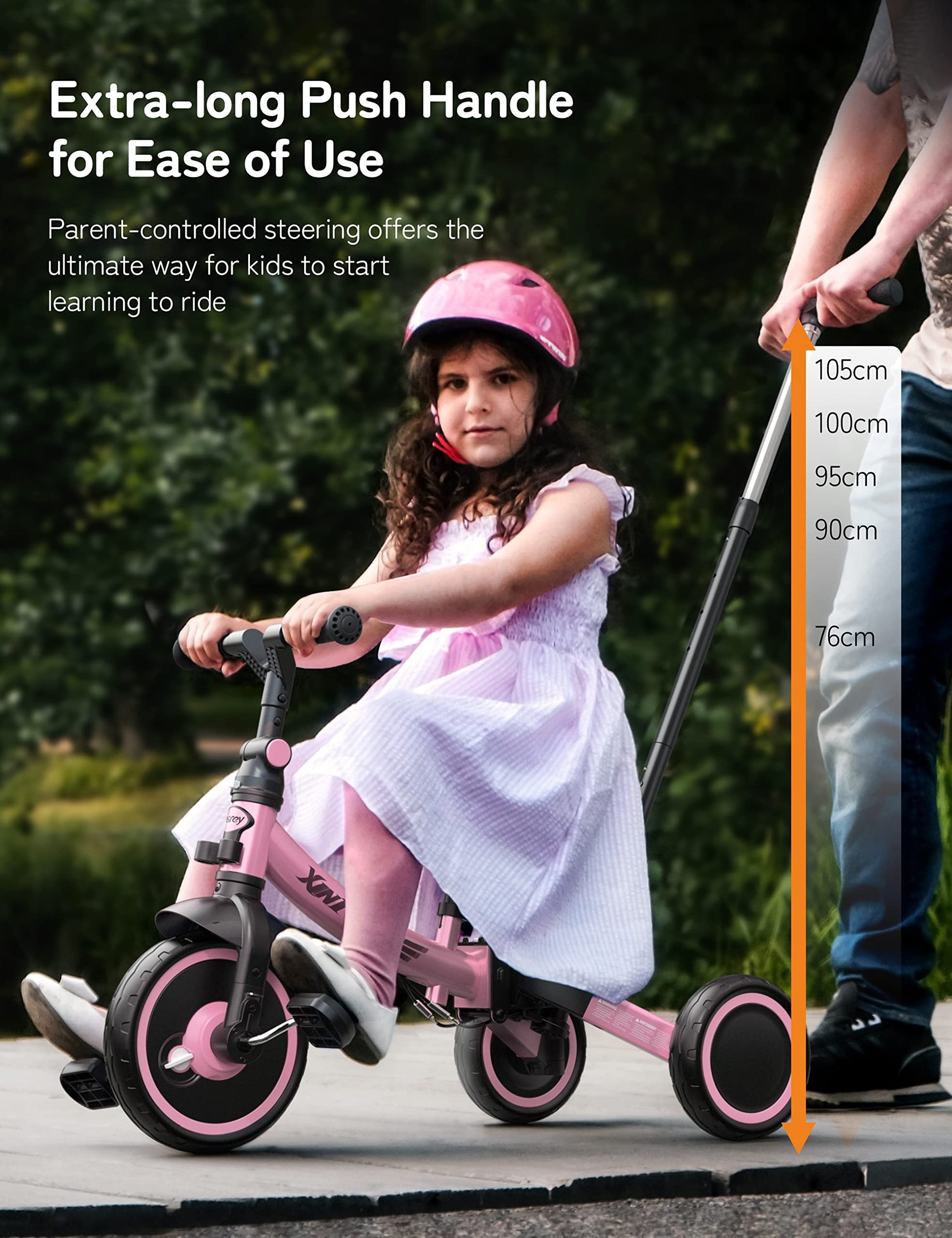 besrey 7-in-1 pink toddler tricycle with adjustable seat, removable pedals, and parent steering handle for ages 1-5.