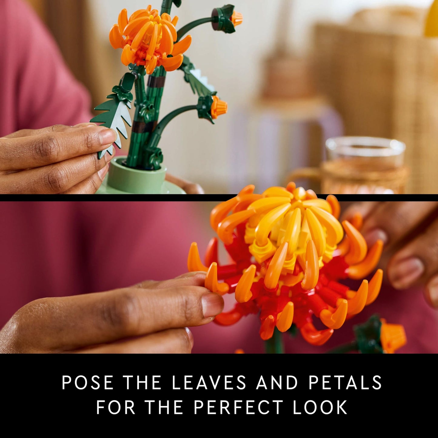 LEGO Botanicals Chrysanthemum building set featuring vibrant artificial flowers in a creative model kit for home decor.