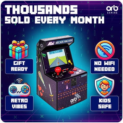 Mini Arcade Machine, 240 Built-In 8-Bit Games, 2.5” Full Colour Screen, 8-Way Joystick, Handheld Retro Games Console – Orb Gaming by ThumbsUp!