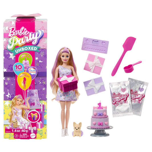 Barbie Party Unboxed Doll with birthday bows, accessories, and pet in colorful cake-decorating scene with surprises.