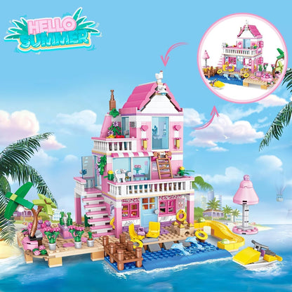 TOY PLAYER Friends Pink Beach House Villa Building Blocks Toy, 2 in1 Girls' Friends House Set, Compatible with LEGO Friends Sets for Girls Age 8-12 (822 PCS)