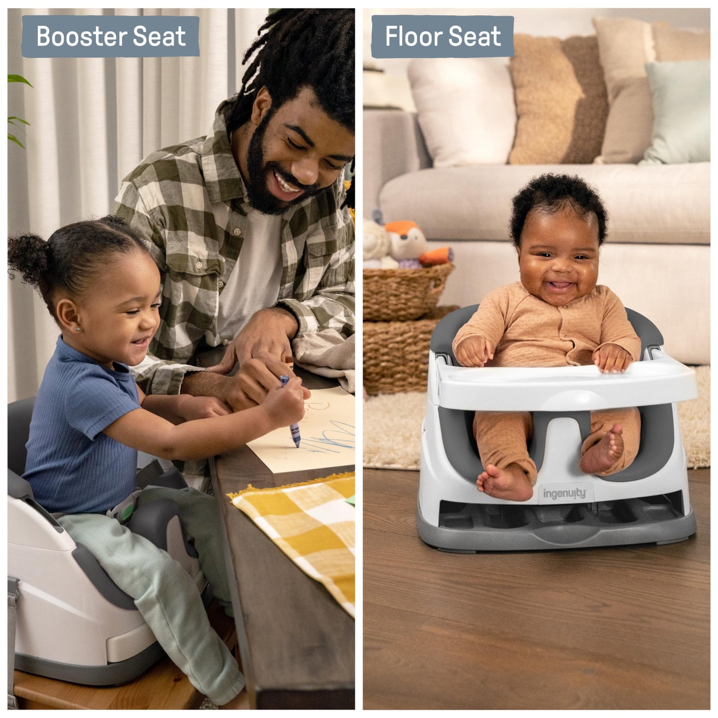 Ingenuity, Baby Base 2-in-1 Seat, Slate, Booster Chair, Dining and Feeding Seat for Toddlers, Easy to Clean with Removable and Self-Storing Tray, Ages 6 Months+