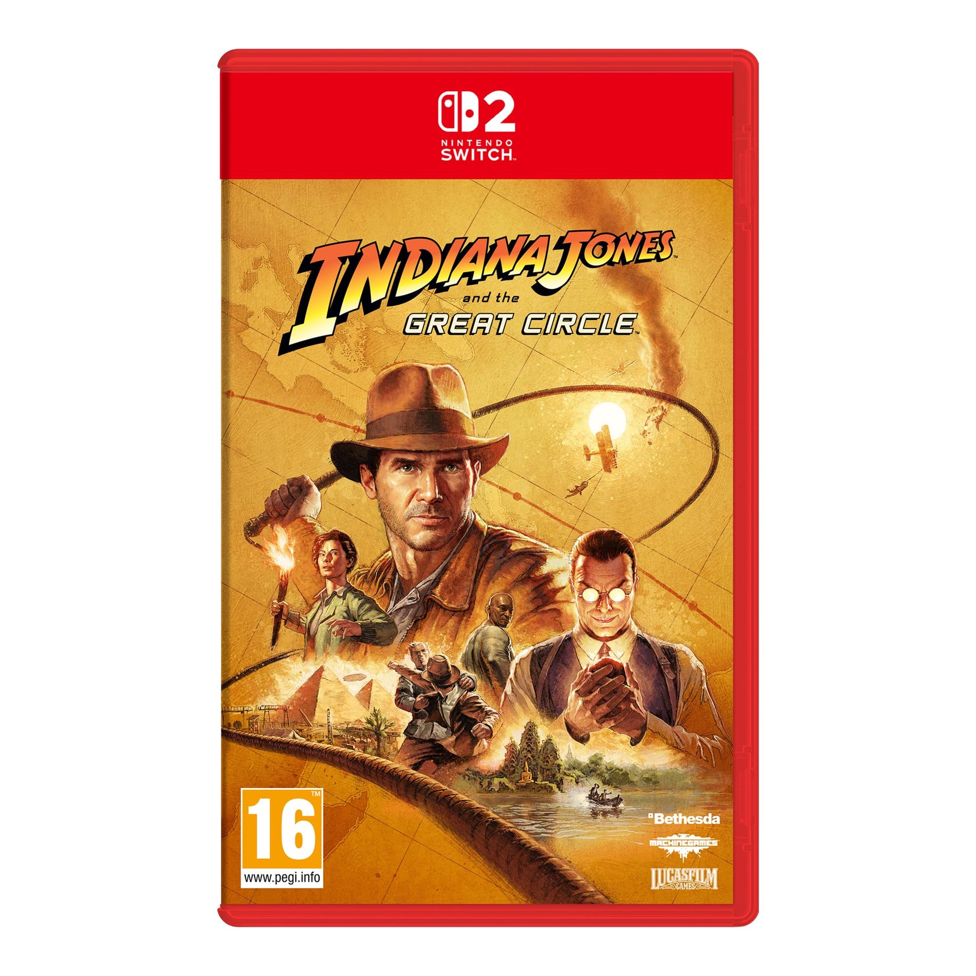 Nintendo Switch game case for Indiana Jones and the Great Circle, featuring artwork of Indiana Jones with a whip and adventure theme.