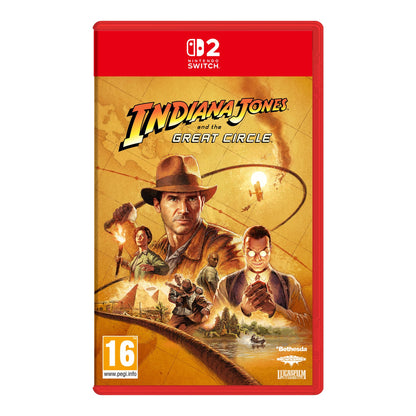 Nintendo Switch game case for Indiana Jones and the Great Circle, featuring artwork of Indiana Jones with a whip and adventure theme.