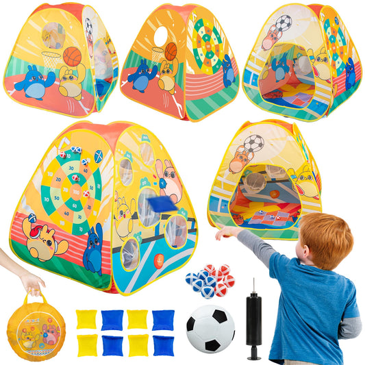 5-in-1 Kids Play Pop Up Tent with Bean Bag Toss Game Outdoor Toys, Tic Tac Toe, Dartboard,Soccer, Basketball, Carnival Outside Combo Set for Backyard Beach Lawn Party Fun, Birthday Gift for Boys Girls